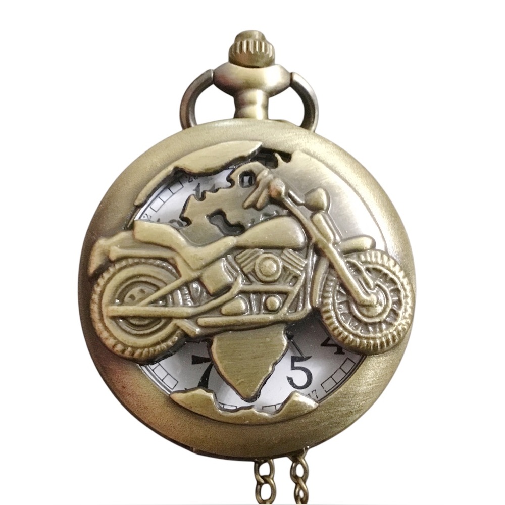 Pocket Watch Bronze Motorcycle Long Chain Quartz Analog Retro with Gift Pouch